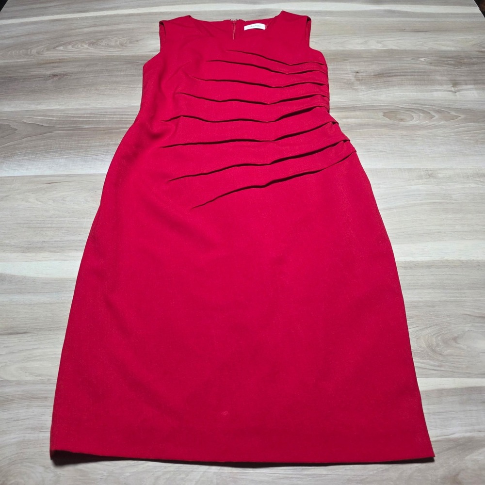 Calvin Klein Sheath Dress Womens 6 Red Pleated Sleeveless CDUG4606 Cocktail Work